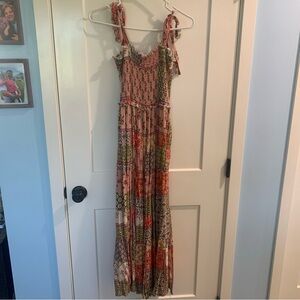 Boho Tie-Shoulder Maxi Dress in Mixed Coral & Olive